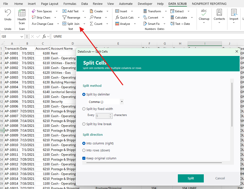 Split Cells dialog showing split method options (delimiter, fixed width, line break) and split direction options